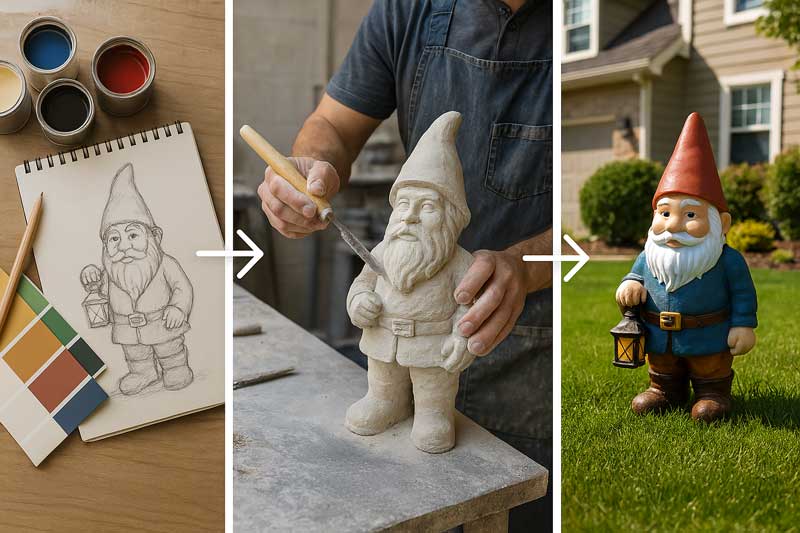 Three-step image showing custom statue process: sketch and paint swatches, sculptor carving statue, and finished gnome displayed on a front lawn