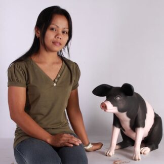 Small Sitting Pink and Black Pig Statue