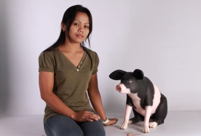 Small Sitting Pink and Black Pig Statue
